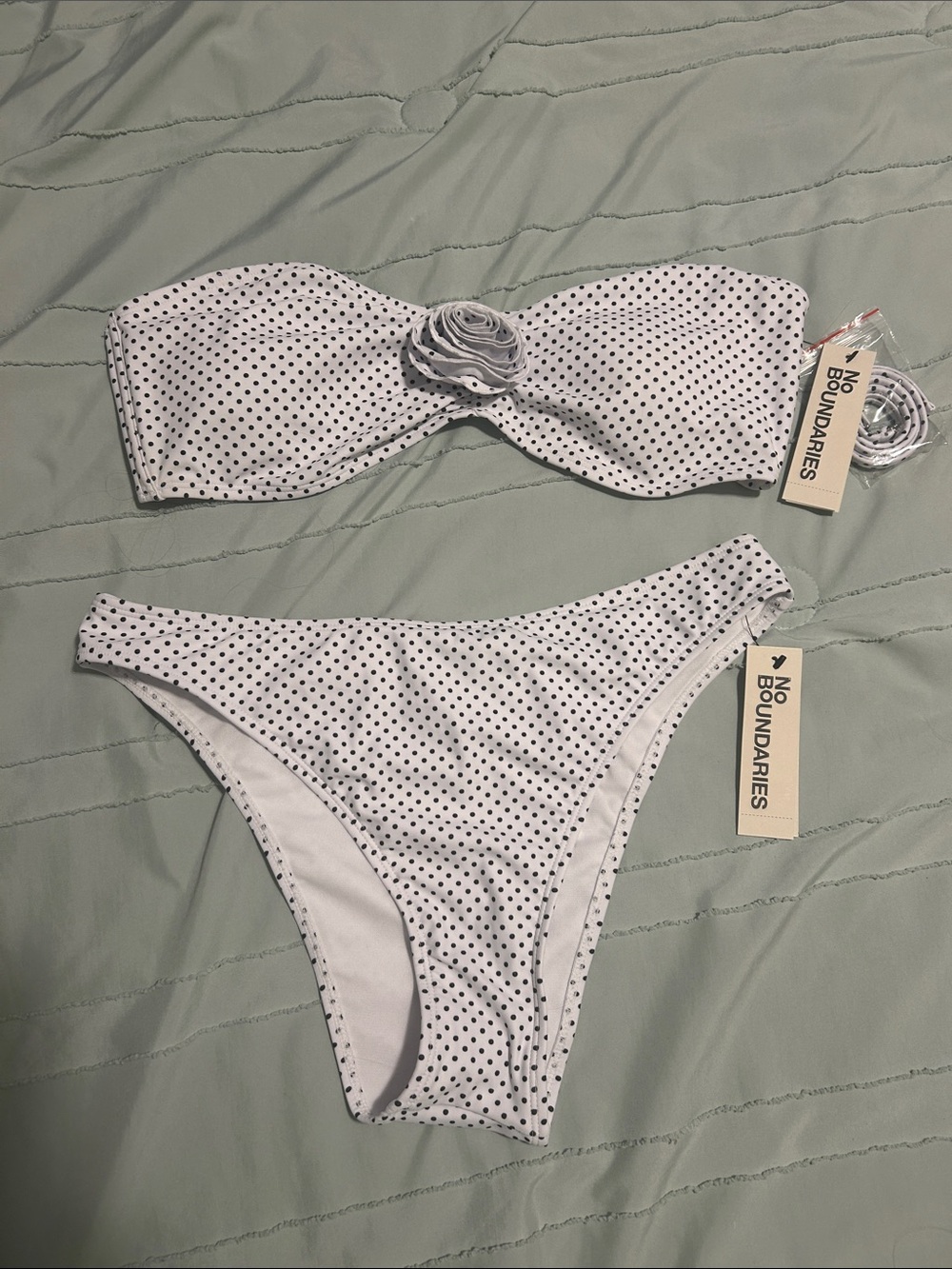 No Boundaries White and Black Polka Dot Bandeau Bikini